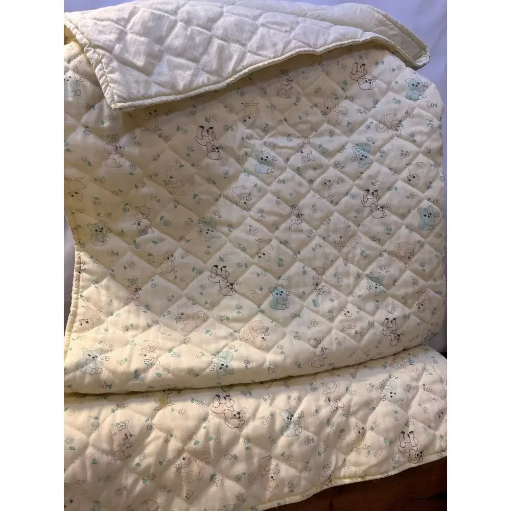 Vintage Handmade Quilted Baby Blanket Pastel Yellow Teddy Bear Poodle Flowers